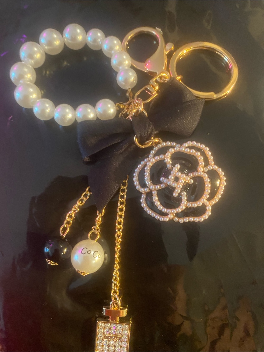 Pearl Beads Black Bow Floral Perfume Bottle Keychain or Bag Charm Gold Hardware